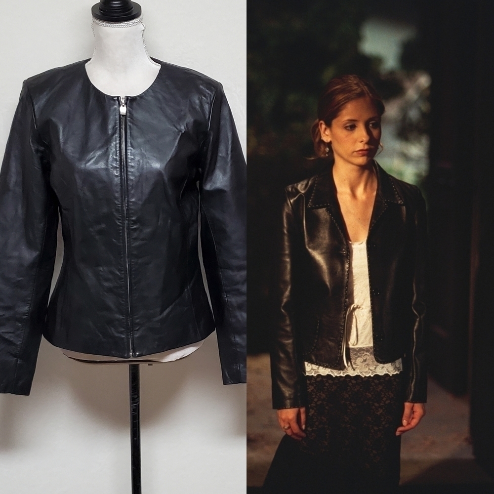 VINTAGE Bagatelle Black Butter Soft Leather Collarless Full-zip Moto Jacket Med